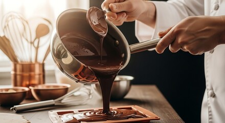 Chocolatier pouring melted chocolate into molds, cinematic close-up artisan dessert photography for luxury confectionery branding and marketing