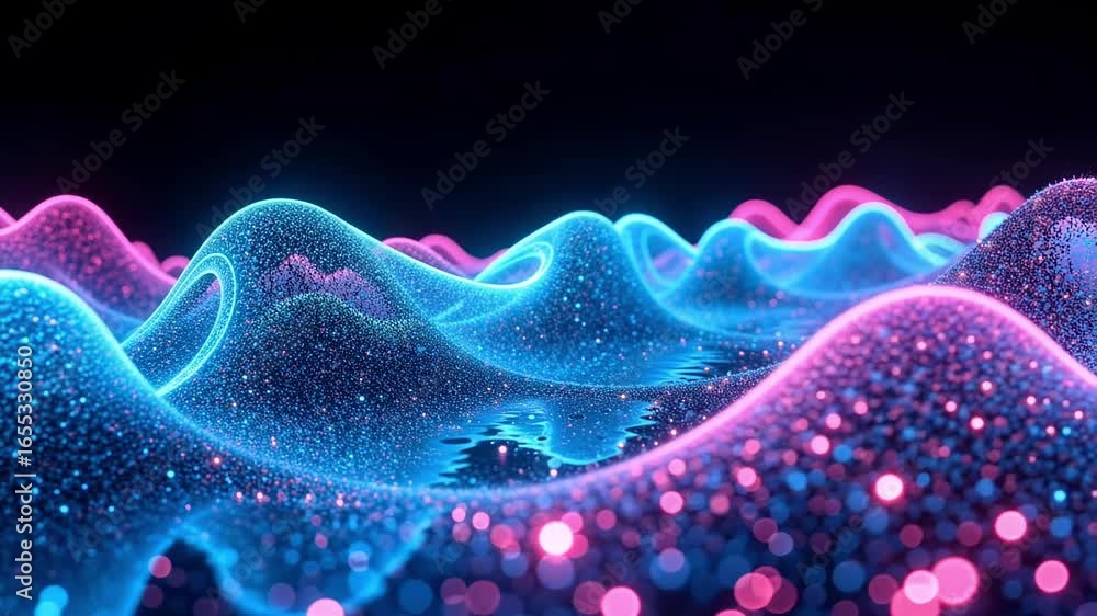 Poster dynamic glowing waves of neon light and particles shimmer across a reflective dark surface, creating
