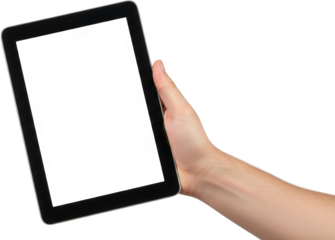 Person's hand holding a black tablet computer with a blank white screen device technology transparent background transparent background