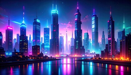 Obraz premium A vibrant futuristic cityscape glows with neon lights reflecting on a tranquil waterway, showcasing architectural marvels and a captivating ambiance.