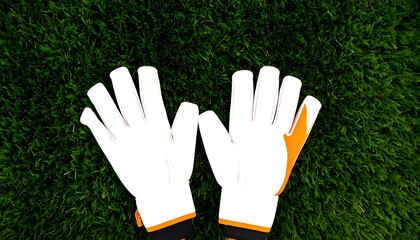 Pair of white goalkeeper gloves with orange accents laid on green grass.