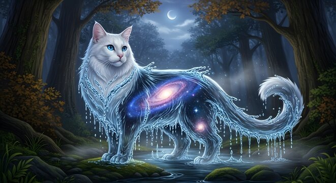 A white cat with a galaxy inside, standing in a moonlit forest.