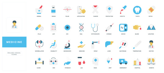 Modern flat style medical icons with clear titles for healthcare, hospital, and pharmaceutical design projects isolated on white background vector illustration