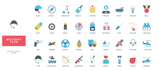Modern flat style military tech icons including weapons, vehicles, equipment, and symbols for defense, security, and strategy concepts isolated on white background vector illustration