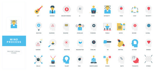 Colorful flat icons representing mind process, creativity, thinking, and productivity for business, education, and innovation projects isolated on white background vector illustration