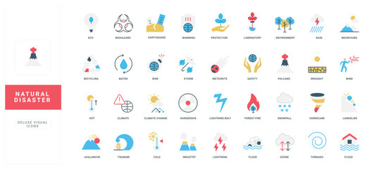 Flat style icons representing natural disasters, hazards, and environmental risks for education, emergency planning, and awareness resources isolated vector illustration