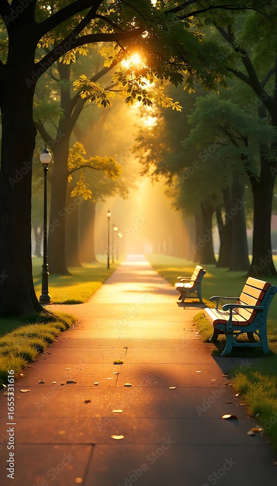 Aufkleber generative ai: an ethereal sunlit path through a park with benches and tall trees creating a