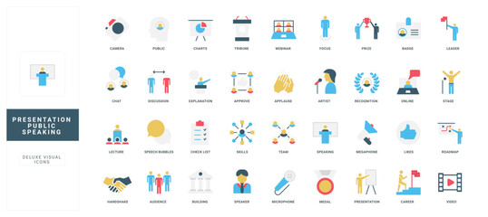 Collection of flat style icons representing public speaking, presentation skills, audience engagement, leadership, communication, teamwork, and recognition isolated vector illustration