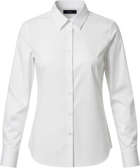 Classic crisp white button up collared long sleeved blouse with a flattering cut isolated white shirt transparent background