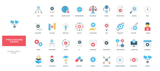 Fototapeta premium Set of flat style processing gears icons representing workflow, automation, business, technology, teamwork, and innovation concepts isolated vector illustration
