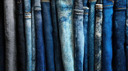 Hanging jeans of different shades of blue. Denim pants, image for a clothes store display