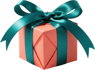 Coral gift box with teal ribbon and bow isolated present celebration surprise luxury festive holiday