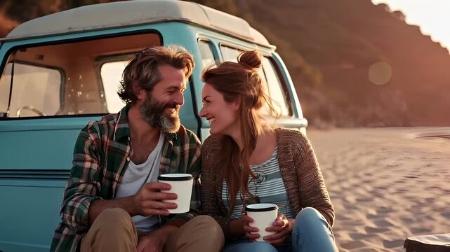A candid shot of a man and a woman sitting in front of a van during sunset. The man, with a beard, is wearing a checkered shirt and has a cup in his hand.