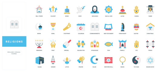 Diverse flat style religion icons featuring symbols, figures, and objects from major world faiths, each labeled with titles for educational and reference use isolated vector illustration
