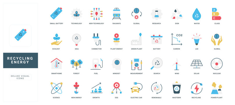 Flat style icons representing recycling energy, renewable resources, sustainability, green technology, waste reduction, and environmental innovation isolated vector illustration