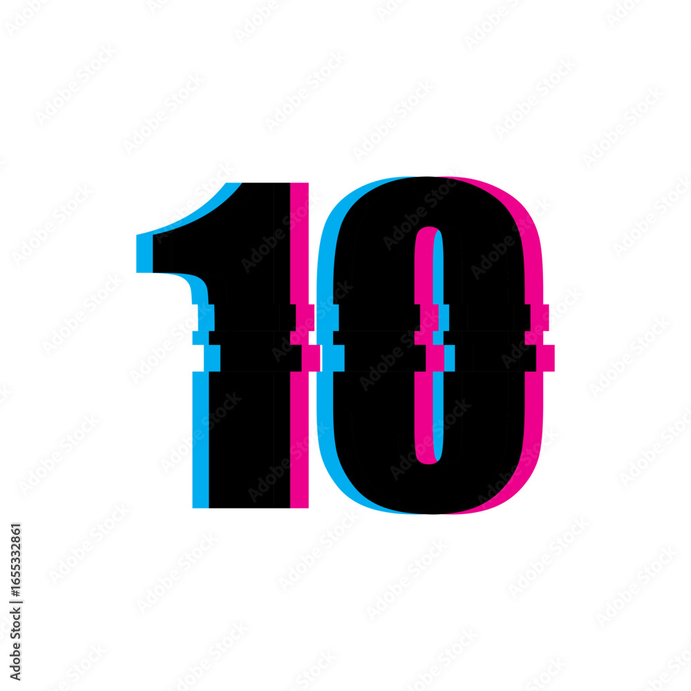 Poster Vector number ten. Glitch effect distortion. Digital screen noise. Corrupted data symbol.