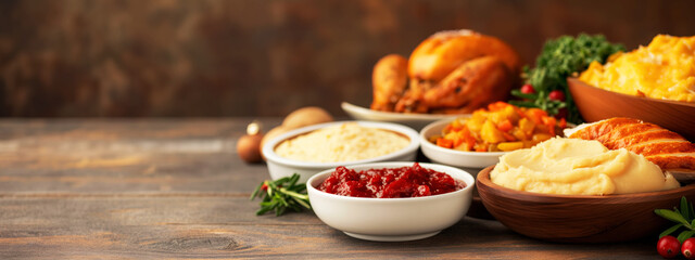 Buffet Table Filled With Traditional Christmas Dishes Including Roasted Turkey and Glazed Ham, Perfect for Holiday Gatherings