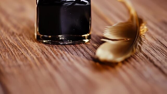 Ink bottle and feather on a wooden surface