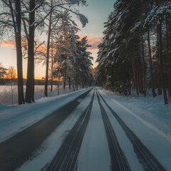 Snowy Asphalt Road at Sunset with Tire Tracks