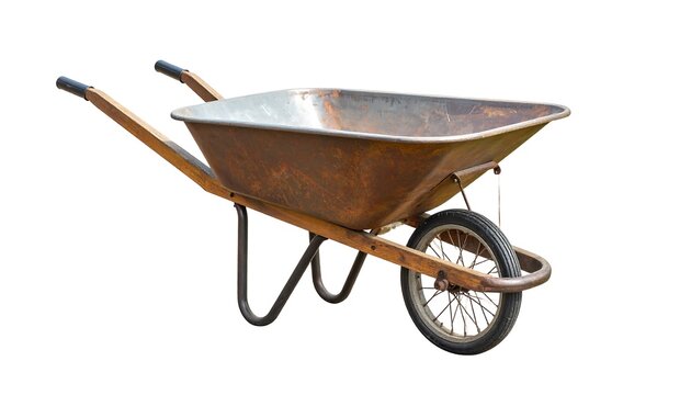 Rusted metal wheelbarrow with wooden handles.