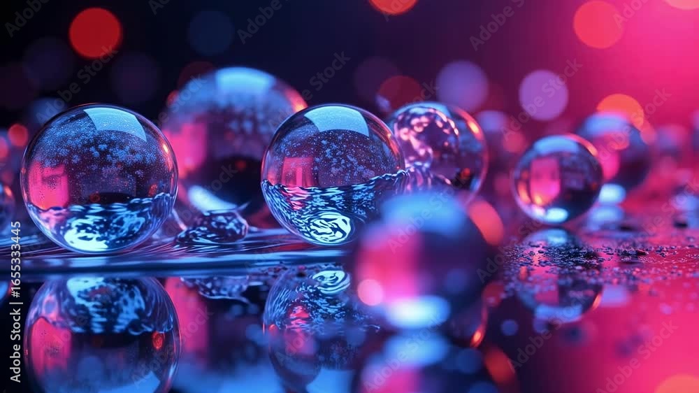 Poster mesmerizing glass spheres shimmer with vibrant neon light reflecting dynamic patterns creating a fut