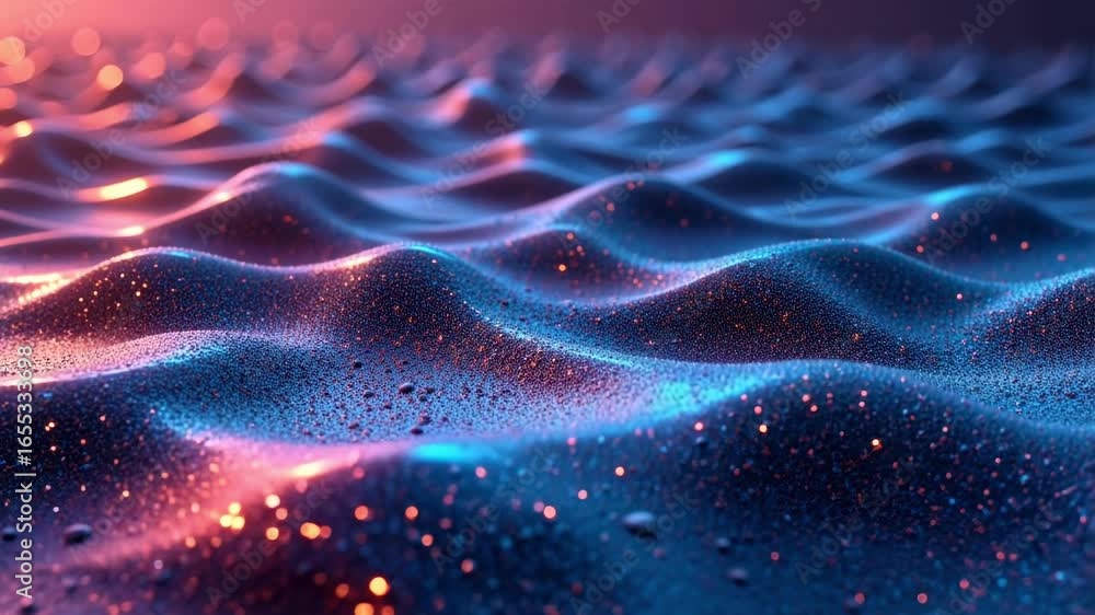 Poster mesmerizing abstract wave patterns with shimmering particles and glowing light in a dynamic digital 
