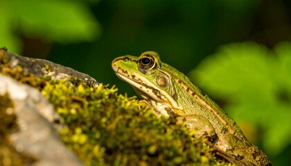 Obraz premium Close-up of a vibrant green frog perched on a mossy rock, showcasing its detailed skin patterns and attentive gaze.