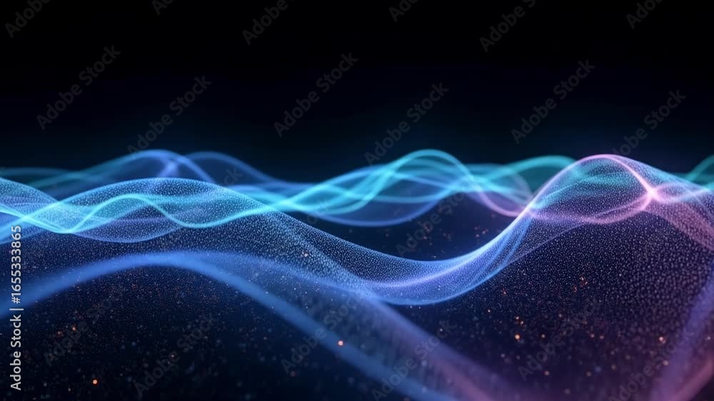 Poster mesmerizing digital waves glow with vibrant blue and purple hues, creating a futuristic and dynamic 