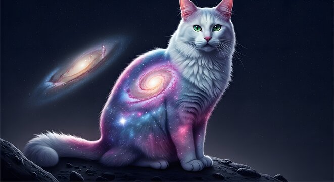 A white cat with a galaxy body sitting in a dark space with a nebula.