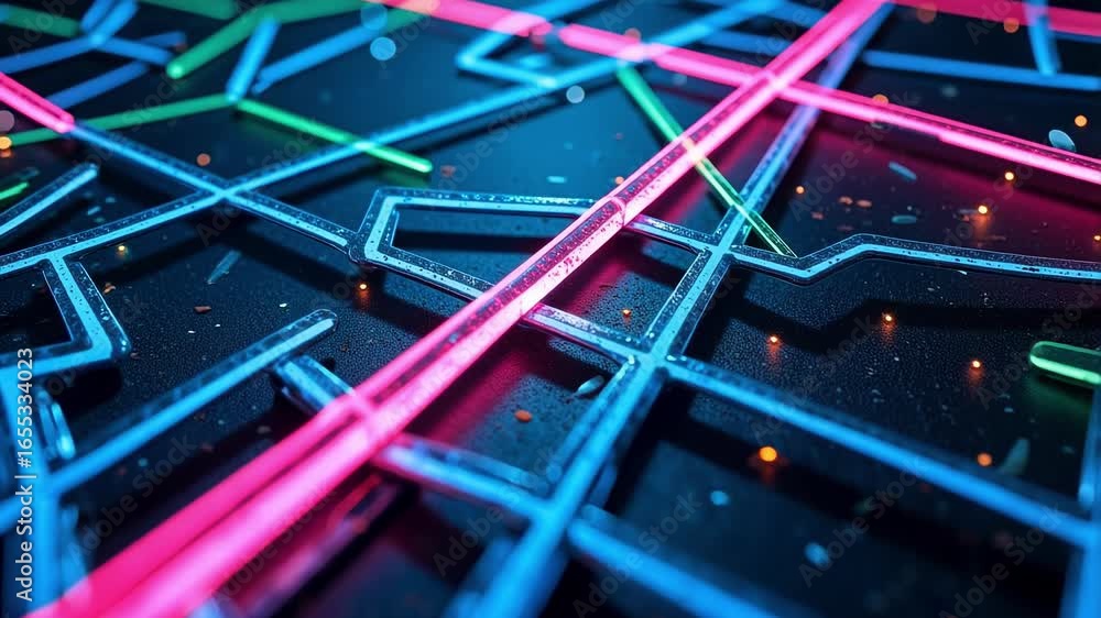 Poster dynamic abstract lines in vibrant neon blue and pink glow with bokeh lights, creating a futuristic d