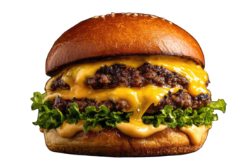 Close-up of a juicy cheeseburger