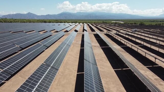 Drone advances along a row of solar panels in Tinogasta, Catamarca, Argentina. The details of the technology and the grandeur of the field are shown