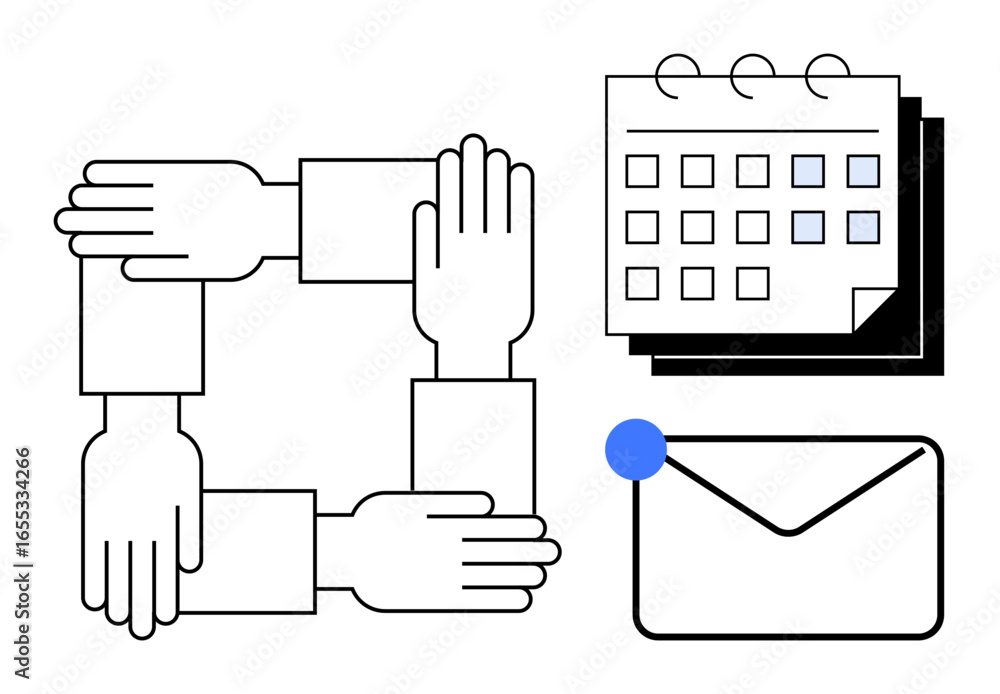 Poster interlocked hands symbolizing teamwork next to a calendar and envelope. ideal for collaboration, org