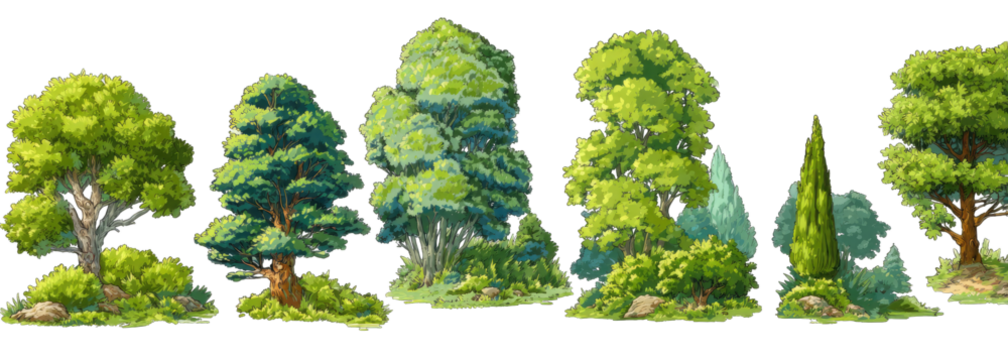 Lush forest scene with various trees