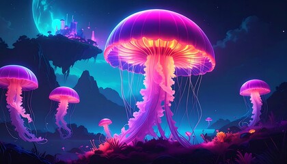 Neon jellyfish in a fantasy landscape