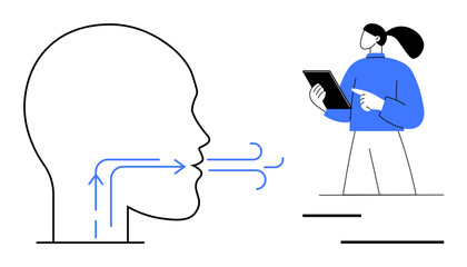 Human head profile with arrows showing voice flow, person holding tablet pointing at content. Ideal for communication, education, speech technology, explanation, interaction, learning, simple landing