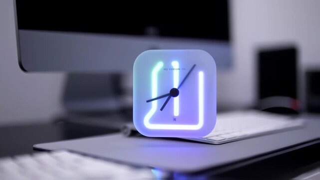 Modern, square clock with glowing neon blue accents, sits on a dark desk.  A computer monitor and keyboard are partially visible in the background