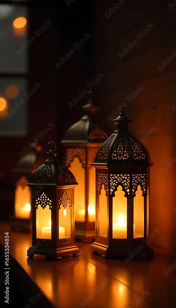 Poster generative ai: elegant lanterns illuminated by candlelight creating a warm and atmospheric ambiance