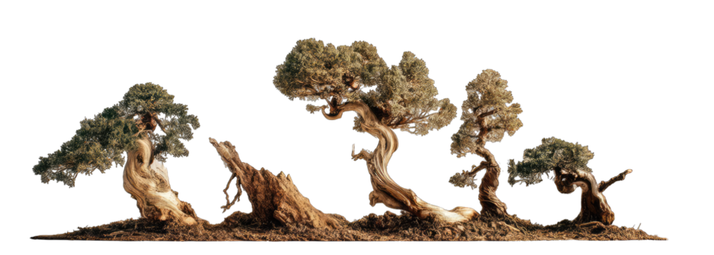 Group of bonsai trees, intricately shaped, with a focus on root structure and foliage