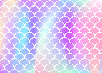 Holographic scale background with gradient mermaid. Bright color transitions. Fish tail banner and invitation. Underwater and sea pattern for girlie party. Rainbow backdrop with holographic scale.