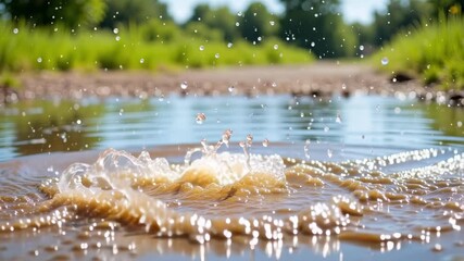 Joyful child splashes in puddles, vibrant red boots creating dynamic water spray, pure childhood delight captured in motion.