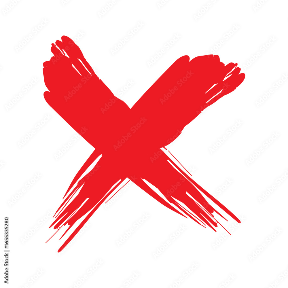 Poster Red cross mark. Grunge style symbol. Textured brushstroke element. Vector exclusion sign.