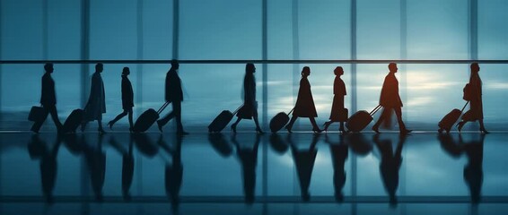 a group of travellers at the airport with baggage.