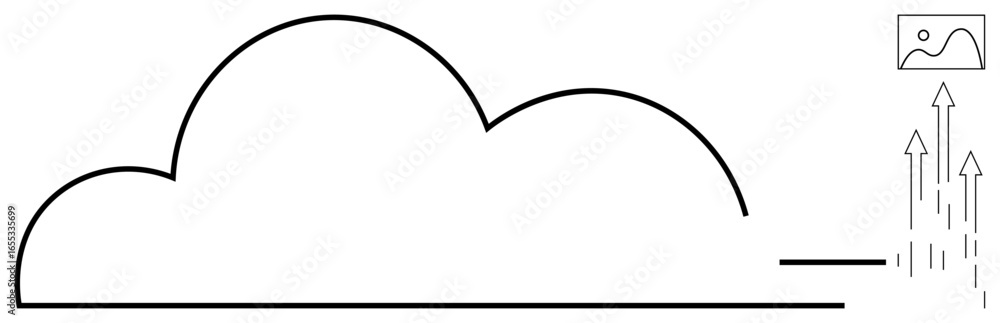 Poster cloud outline with data arrows pointing upward, representing uploading files or data transfer. ideal