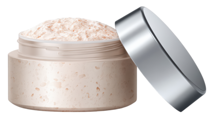 Open Jar of Loose Powder with Metallic Lid Cosmetic Product.