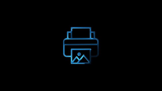 Neon Printer Icon with Photo Print Animation on Black Background 4k video, technology, purple neon, line icon, outline 