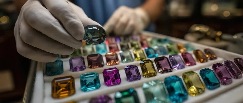 Under specialised lighting, an expert evaluates several vibrant diamonds on a white tray, determining their brilliance and flaws in order to certify them.