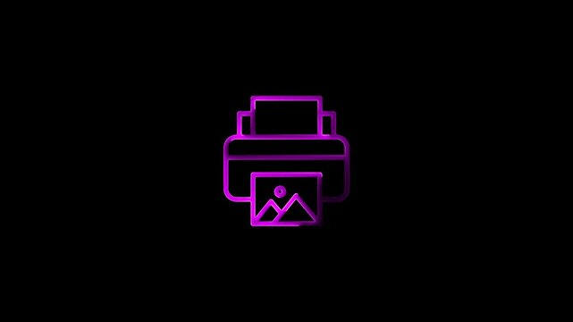 Neon Printer Icon with Photo Print Animation on Black Background 4k video, technology, purple neon, line icon