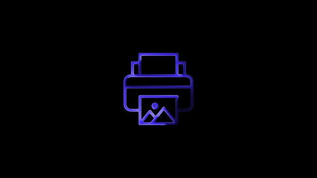 Neon Printer Icon with Photo Print Animation on Black Background 4k video, technology, purple