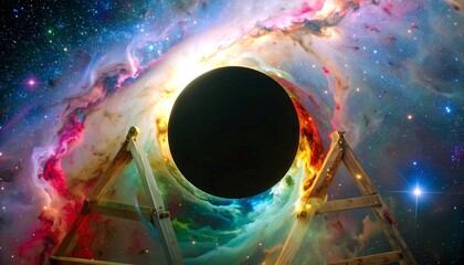 A vibrant cosmic scene showcases a dark central object surrounded by swirling nebulae and celestial bodies.